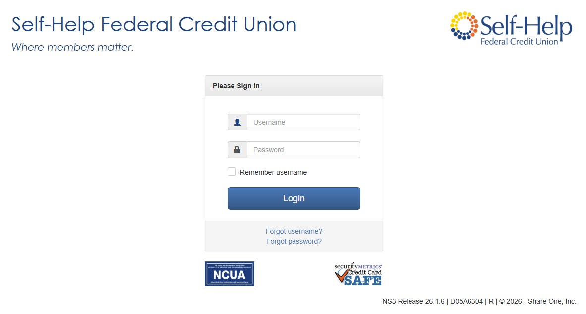 Self-Help Federal Credit Union login screen